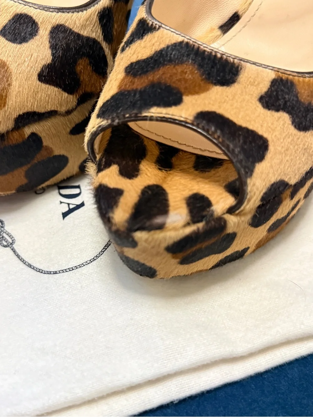 Prada Leopard Print Platform Slingback Heels - Tan & Black
